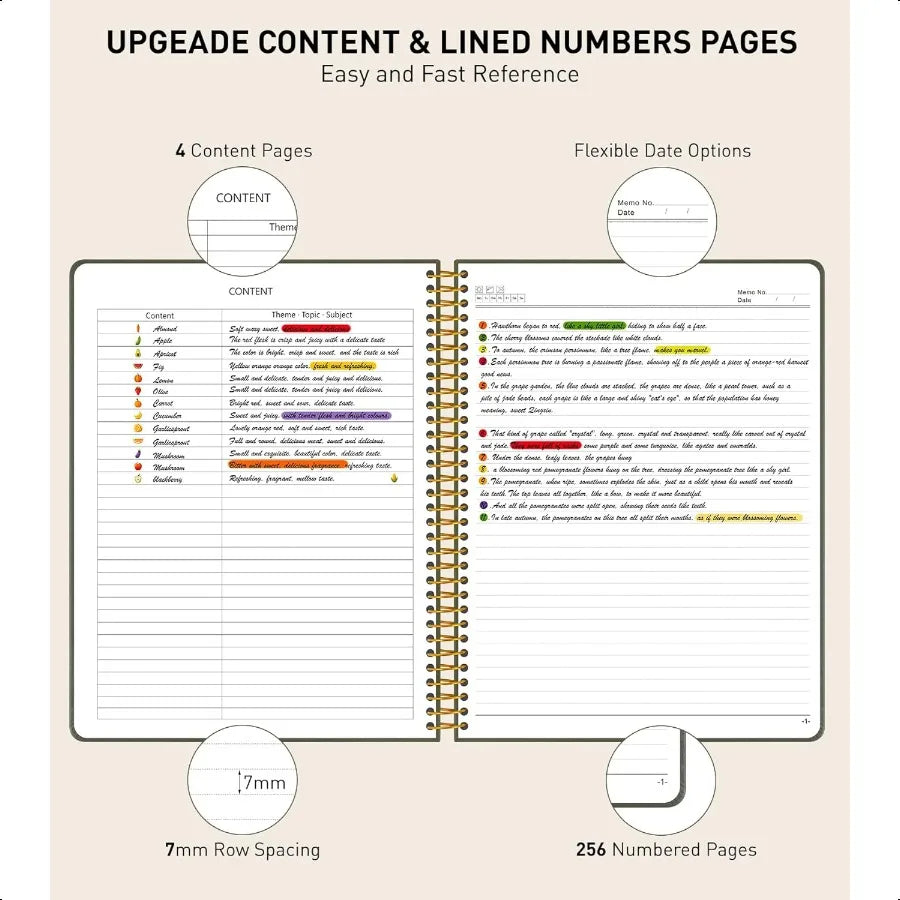 A4 Spiral Notebook Journal 8.5 x 11 256 Numbered Pages Hardcover Leather Journals for Women Men Large Lined College Ruled Noteb