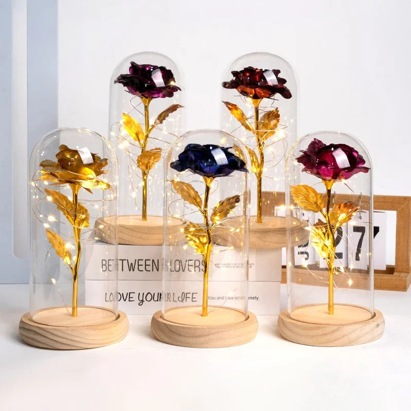 Mothers Day Gifts Party LED Light Foil Flower in Glass Cover Valentine's Day Gift in Glass Simulation Rose Flower