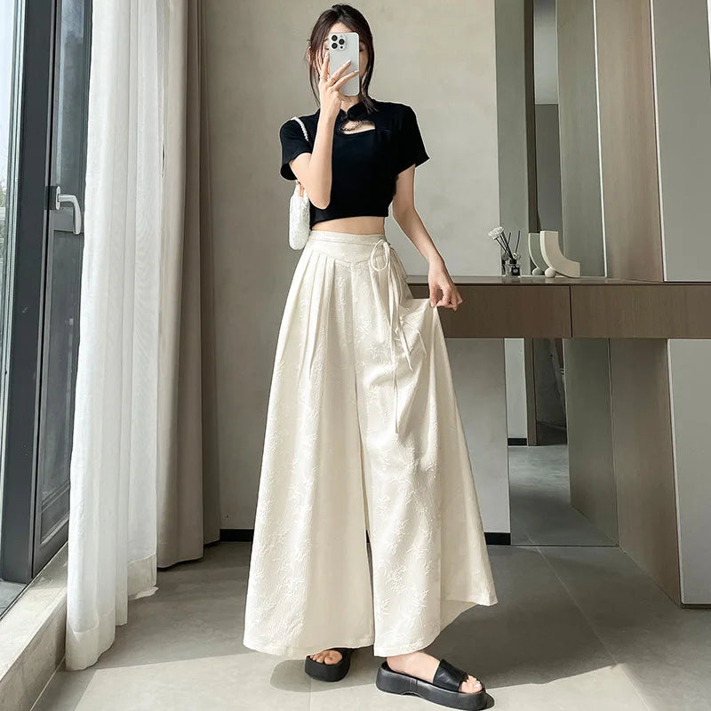 Casual Loose Satin Women's Wide Leg Pants 2025 New High Waist Spring Summer Lace-up Solid High Waist Straight Trousers for Women