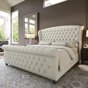 AMERLIFE Queen Size Platform Bed Frame: Chenille Upholstered Elegance with Scroll Wingback Headboard and Button Tufted Details