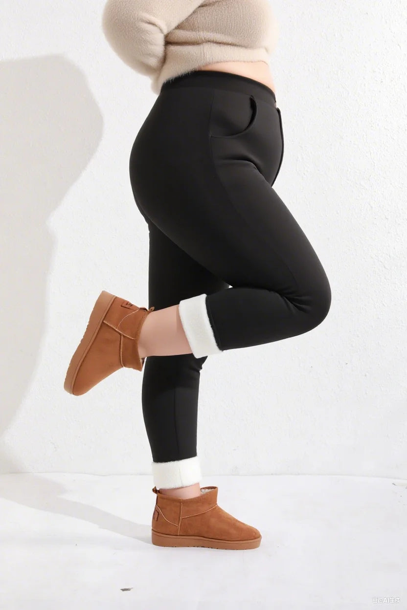 Plus-size high-waisted buttoned leggings for women, stretchy, slimming, fleece-lined, warm, base layer pants, suitable for outer