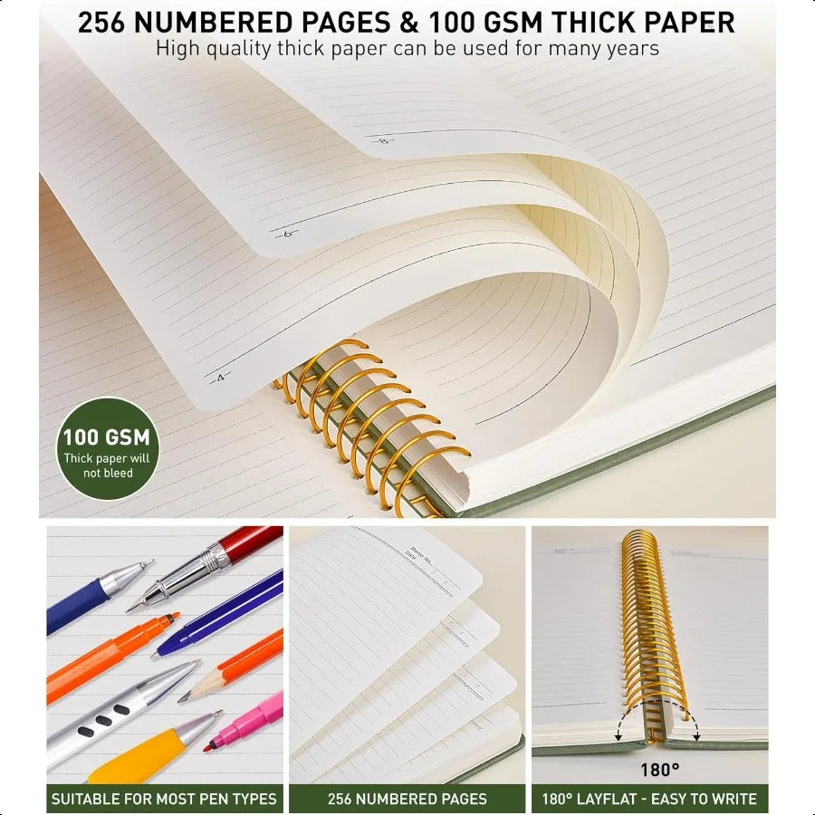 A4 Spiral Notebook Journal 8.5 x 11 256 Numbered Pages Hardcover Leather Journals for Women Men Large Lined College Ruled Noteb
