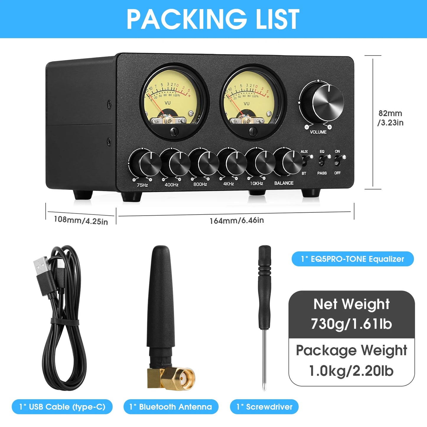 Nobsound EQ5 Pro Mini 5 Band EQ Preamp Stereo Bluetooth Equalizer Home Desk Audio Processor with VU Meter