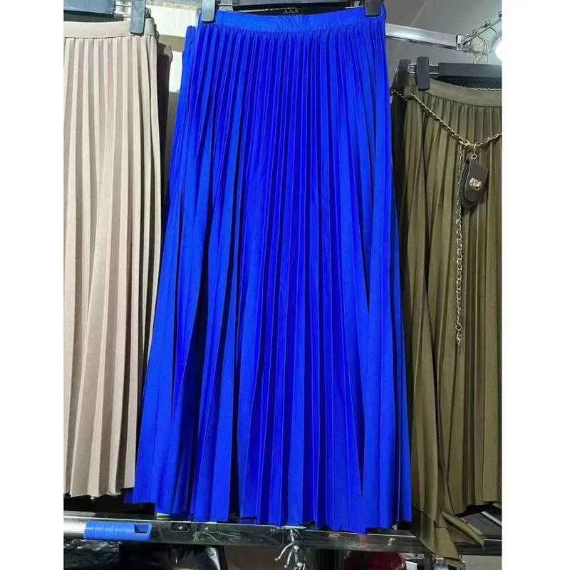 2025 Women Elegant Pleated Skirt High Waist Women Mid-long Skirt Female Ladies High Quality Women Midi Skirt Black Saia