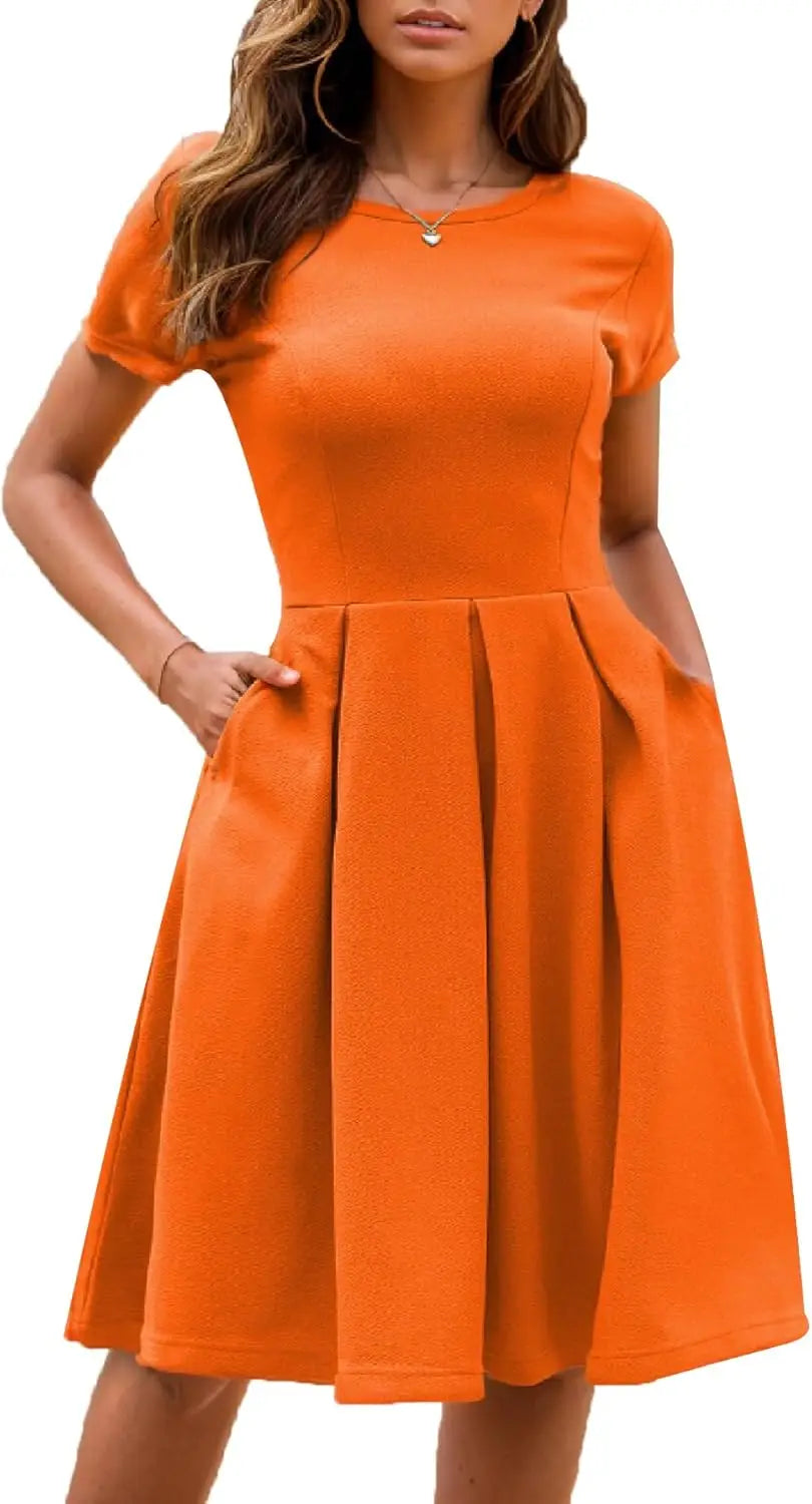 Red A-Line Short Sleeve Dress with Pockets for Women, Summer Party Church Bridesmaid Graduation Occasion
