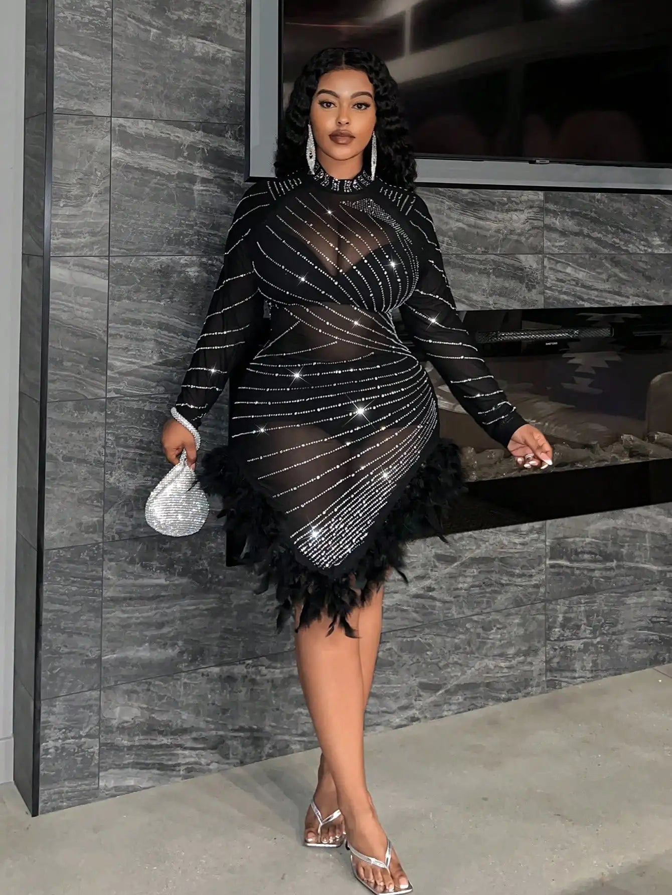 Slaydiva Plus Size Rhinestone Feather Mini Dress for Party Nightclub