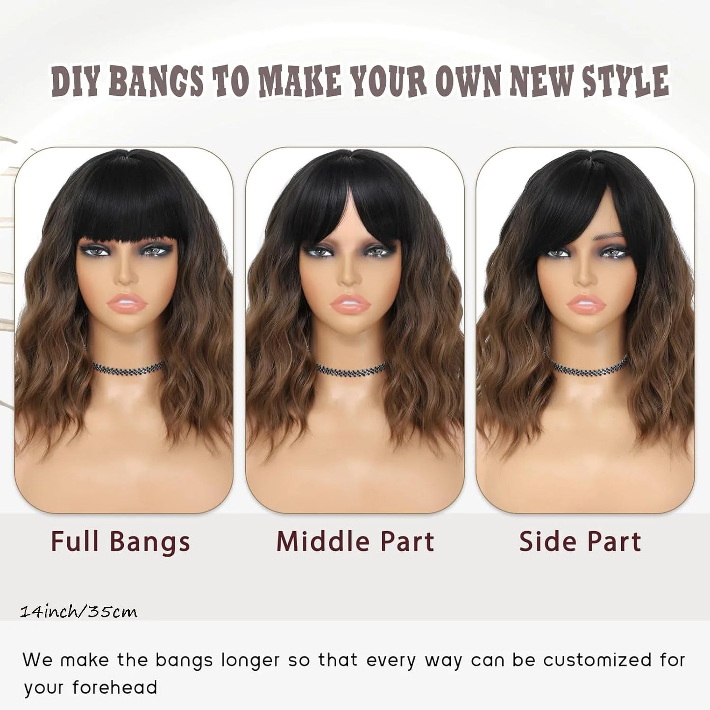 Women Ombre Brown Bob Synthetic Wig Black To Brown Short Wavy With Bangs Shoulder Length Daily Use