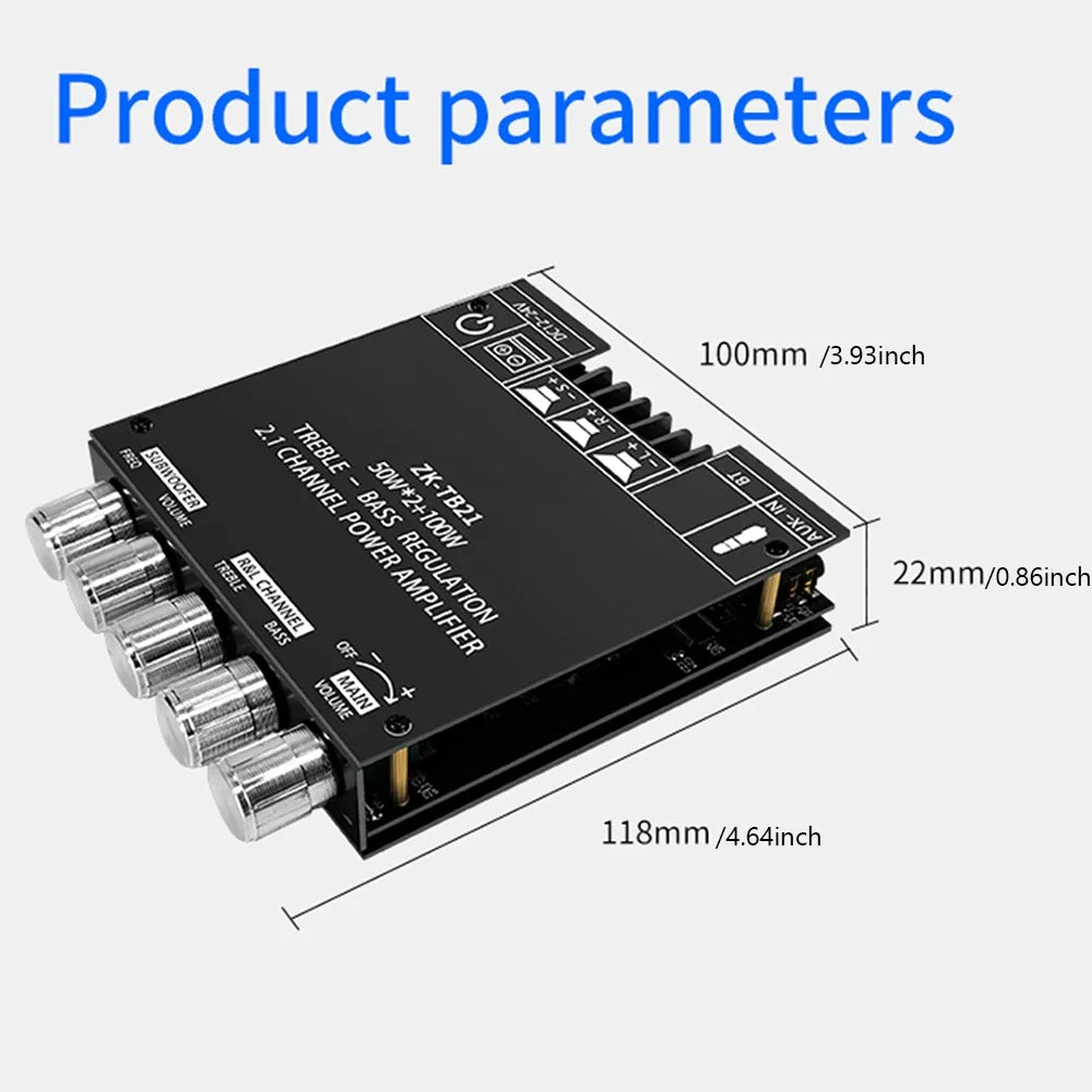 ZK-TB21 2 in 1 Power Amplifier Board Bluetooth 5.0 2.1 Channel Mini Audio Amplifier Module with Filter and Protection
