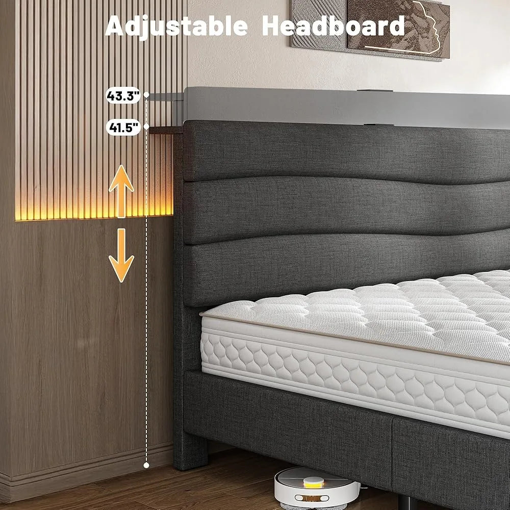 Queen Bed Frame w/Fabric Upholstered Headboard, Storage Headboard & Charging Station, Wooden Slats Support, No Box Spring Needed
