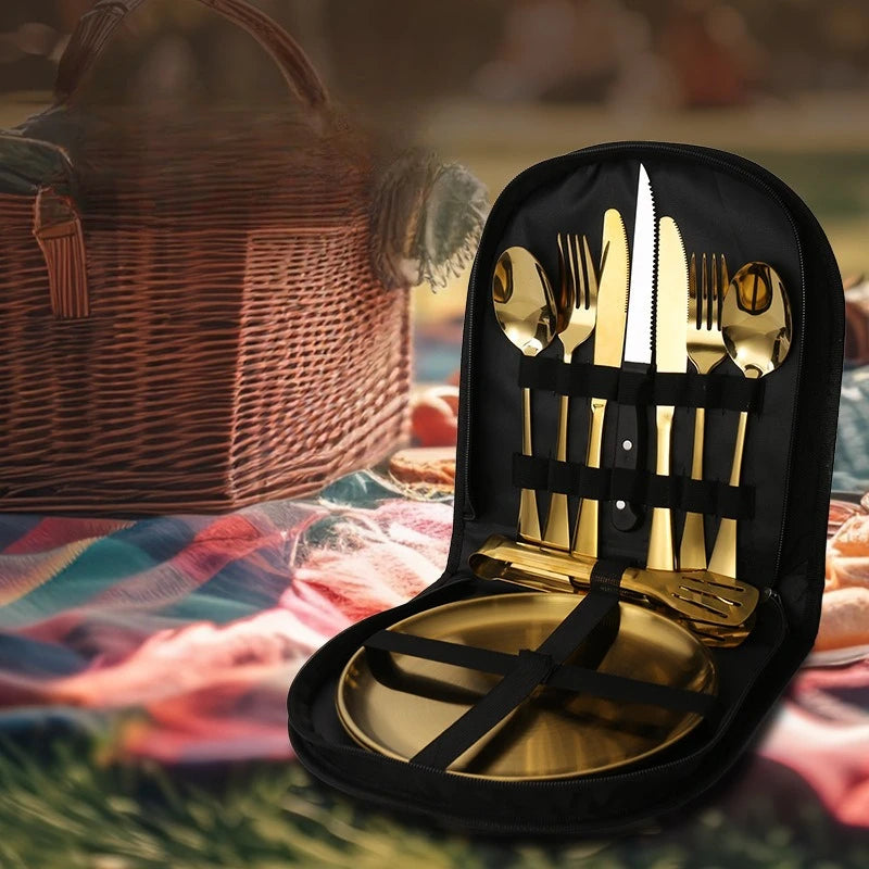 Outdoor Stainless Steel Cutlery Set Portable Travel Camping High End Barbecue Plate Food Clip Knife Fork Spoon