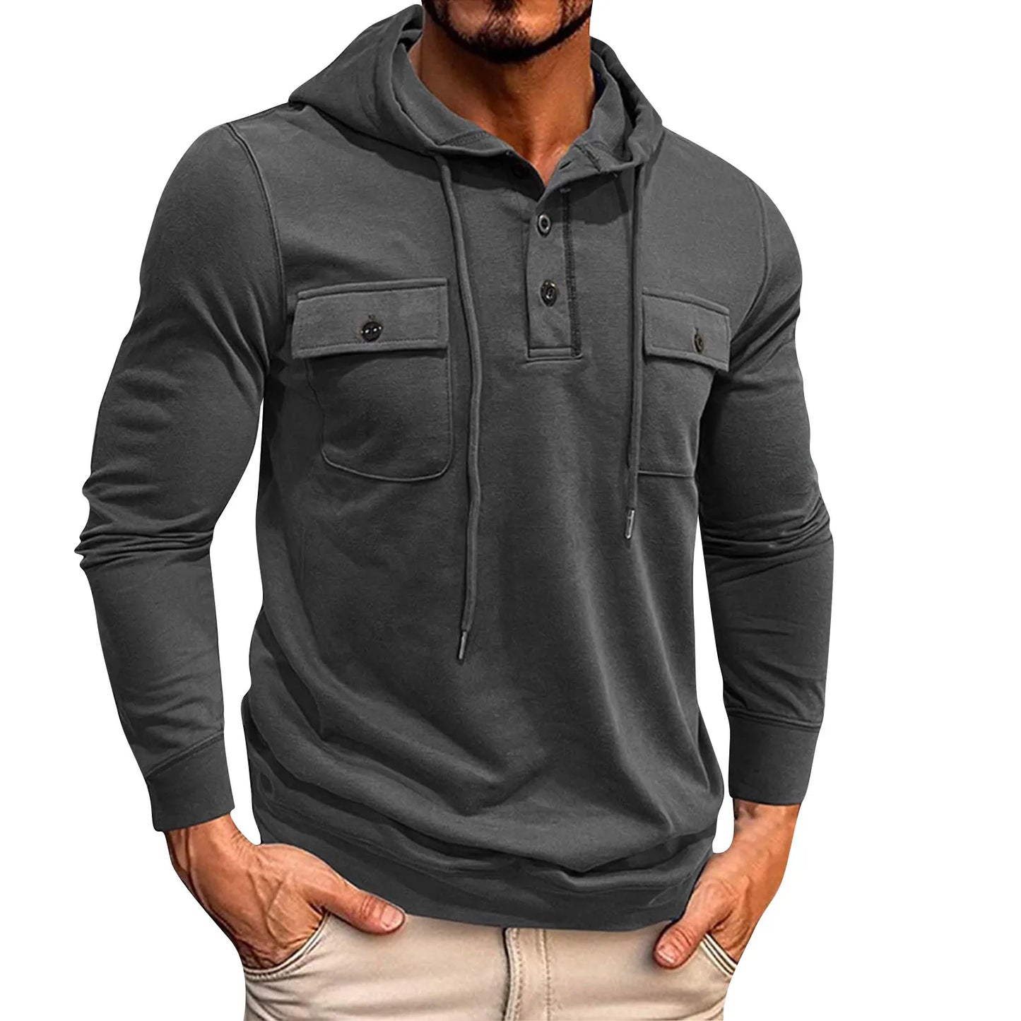 Men Casual Patchwork Pockets Hoodie Streetwear Mens Hoodies 2024 Fall Fashionable Solid Color Long Sleeve Hooded Sweatshirts For