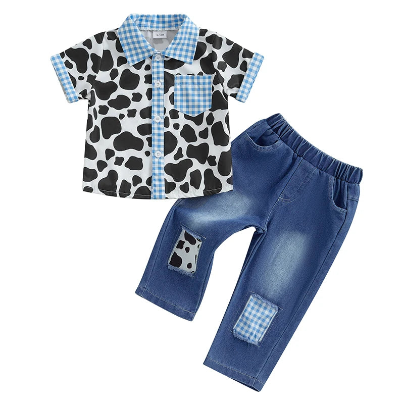 Toddler Boys Casual Outfit Dinosaur Print Short Sleeve T-Shirt and Denim Shorts Set Summer Clothes for Kids