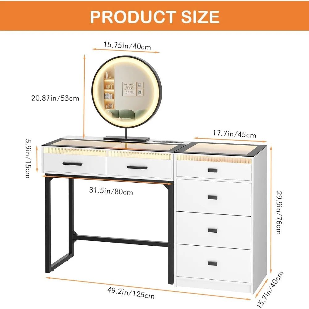49 Inch Modern Vanity with Mirror and Light Charging Station 6 Drawers and Separate Drawers Bedroom Glass Vanity