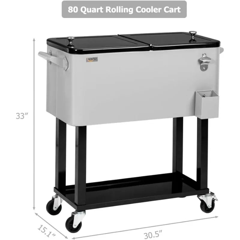 Vingli 80 Quart Rolling Ice Chest Portable Patio Party Bar Drink Cooler Cart With Shelf And Bottle Opener