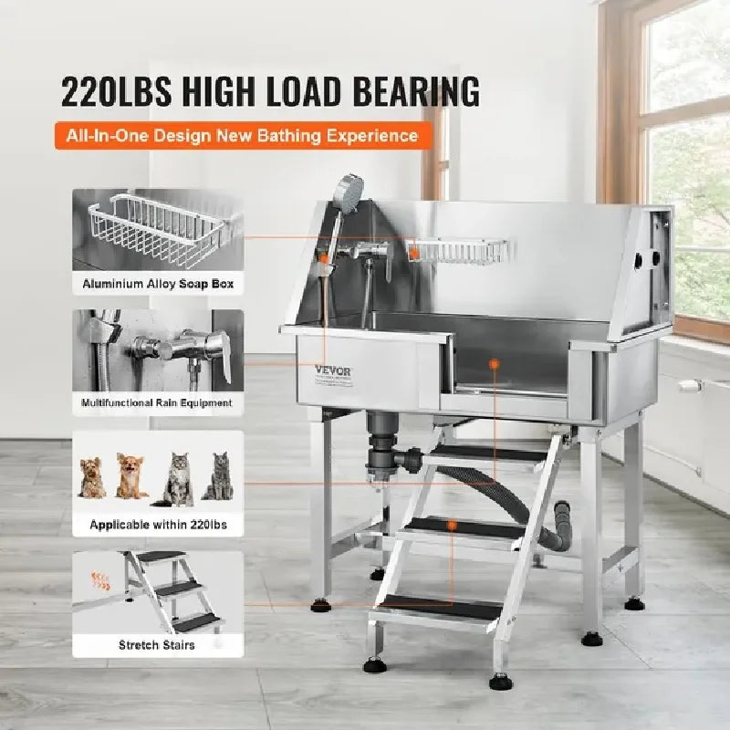 VEVOR 34 Inch Pet Dog Bathing Station with Ramp Professional Stainless Steel Dog Grooming Tub with Storage Drawer and Faucet