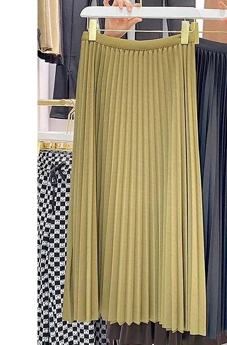 2025 Women Elegant Pleated Skirt High Waist Women Mid-long Skirt Female Ladies High Quality Women Midi Skirt Black Saia