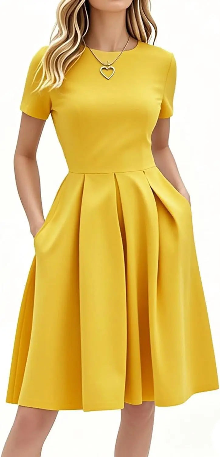 Red A-Line Short Sleeve Dress with Pockets for Women, Summer Party Church Bridesmaid Graduation Occasion