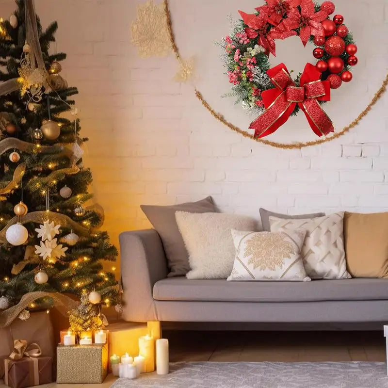 45CM Christmas Front Door Wreath Artificial Pine Needle Winter Wreaths Poinsettia Flowers Holiday Wreath with Ball Ornaments