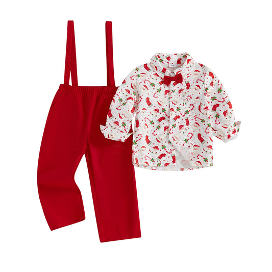 Toddler Baby Boys Clothes Set Christmas Gingerbread Pattern Long Sleeve Lapel Shirt Solid Color Overalls Pants 2Pcs Outfits