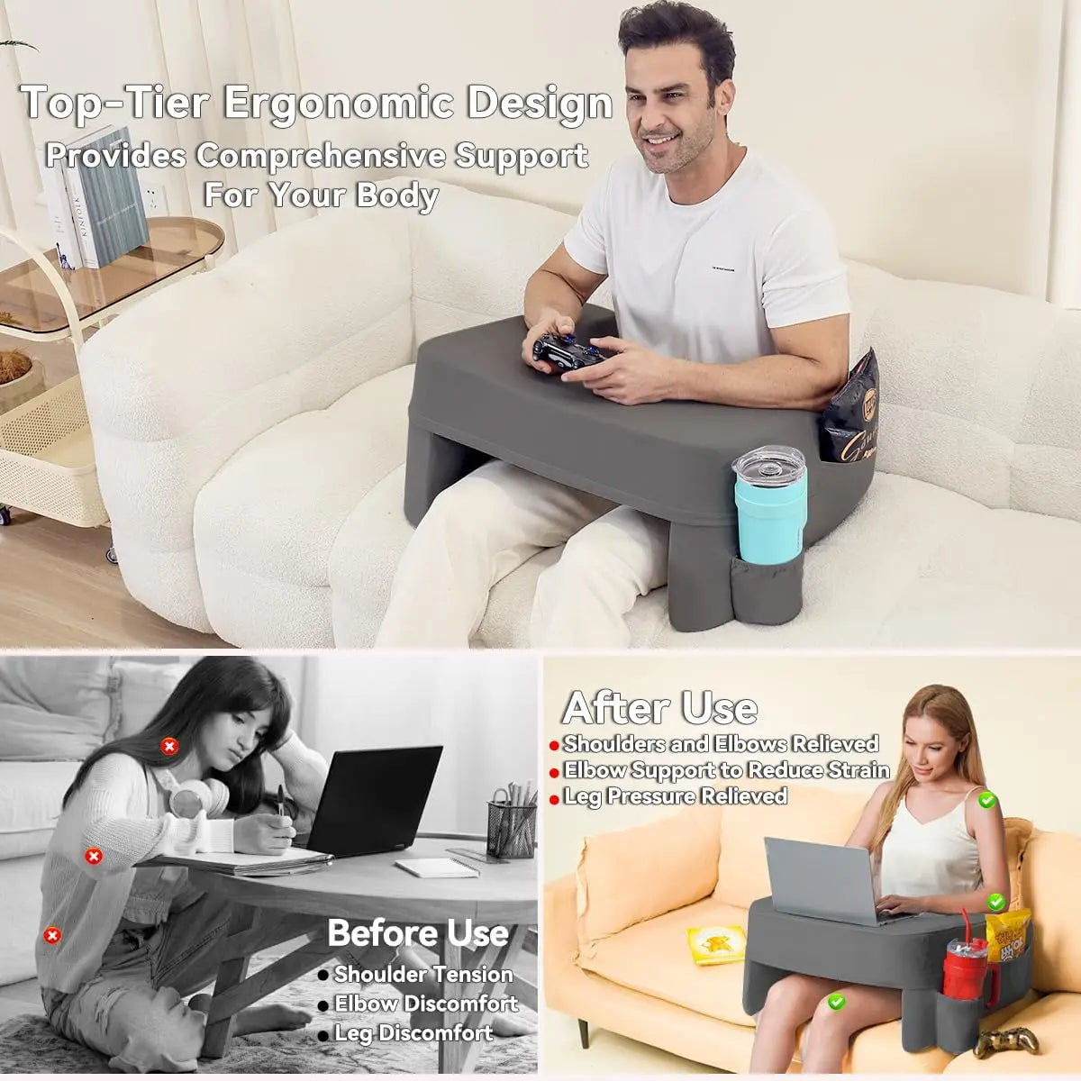 Reading Pillow for Bed,Reading Pillows for Sitting in Bed Adult with Cup Holder Pocket,Comfort Laptop Lap Desk for Couch