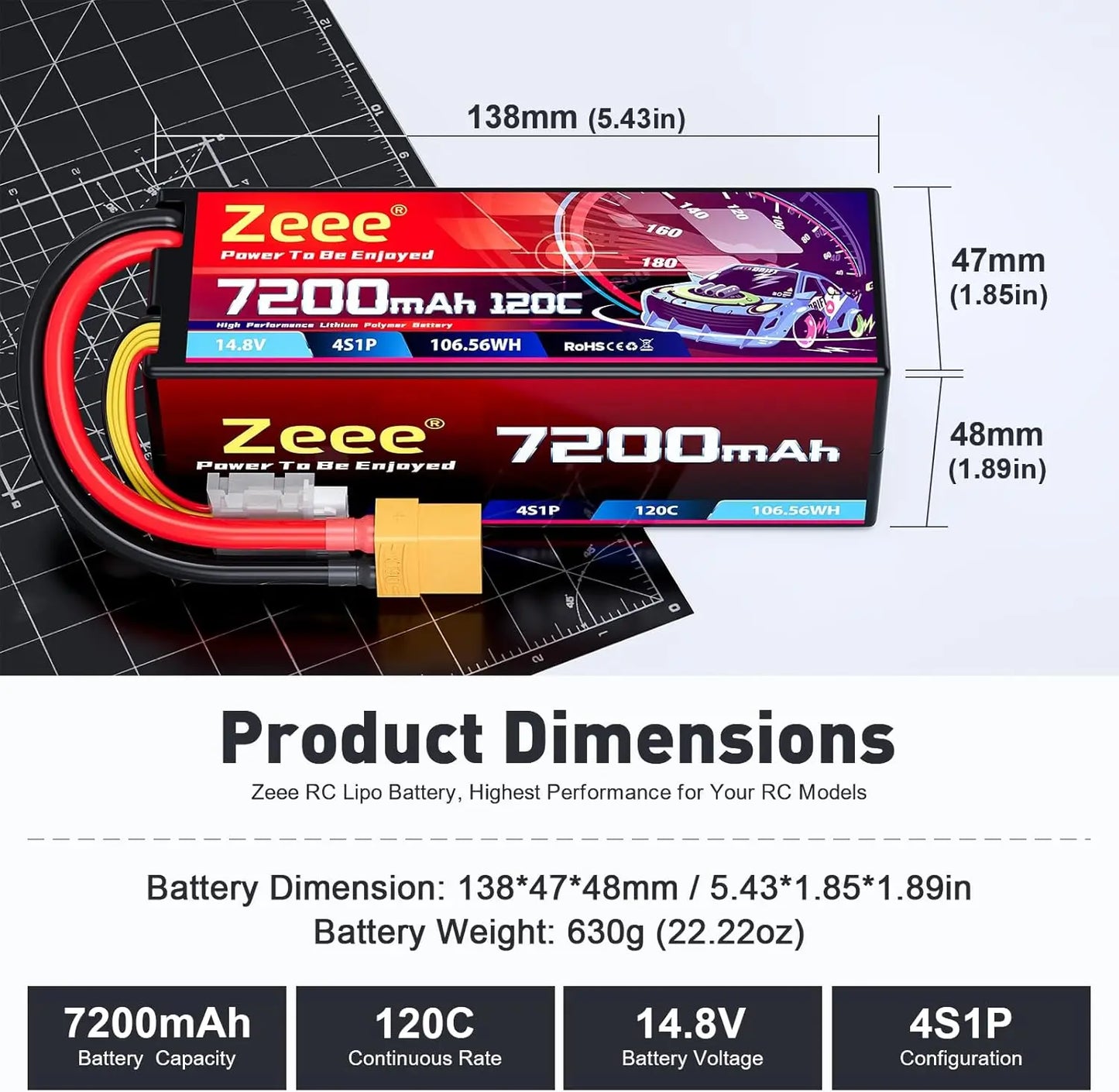 Zeee 4S Lipo Battery 7200mAh 14.8V 120C Hard Case RC Battery with XT90 Plug for 1/8 Buggy RC Car Truck Racing Models