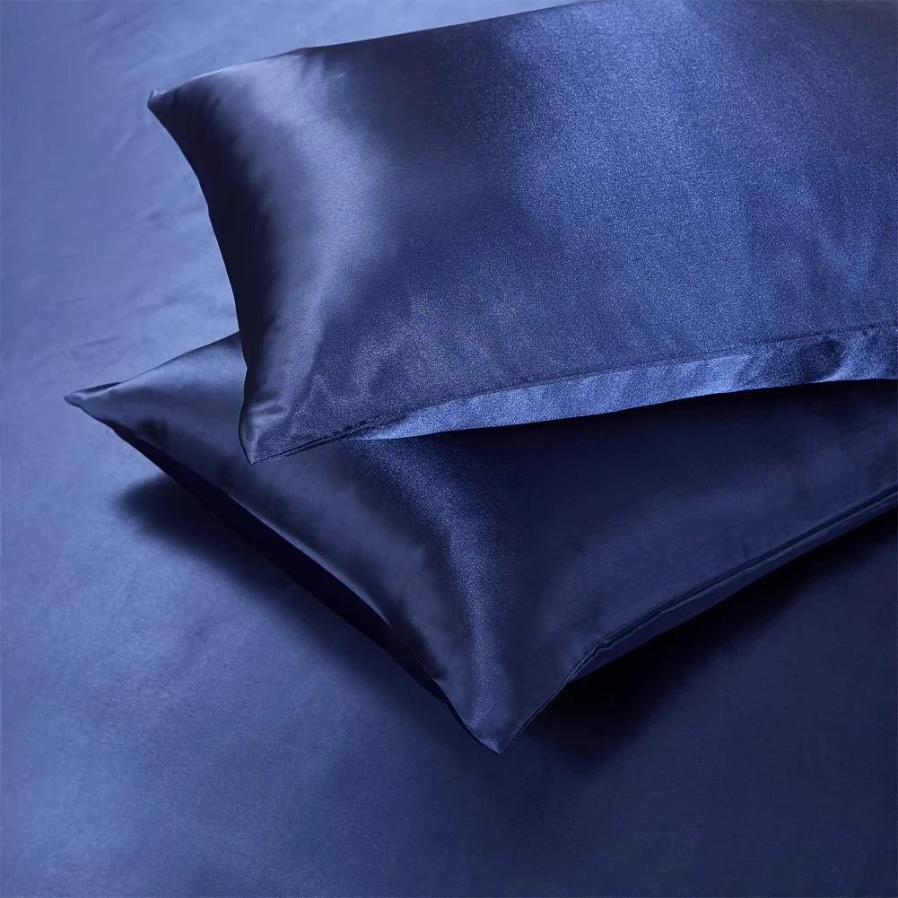 3 Piece Quilt Set Super Soft Silky Satin Hotel Collection with Zipper Closure Quilt Cover and 2 Pillowcases Navy California King