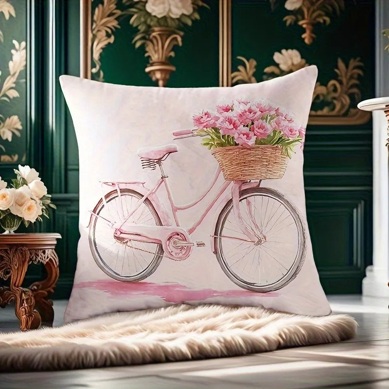 4 Floral Bicycle Pillowcases for Mother's Day - "Hello Love" and "I Love Mom" designs, perfect for sofas and home décor.