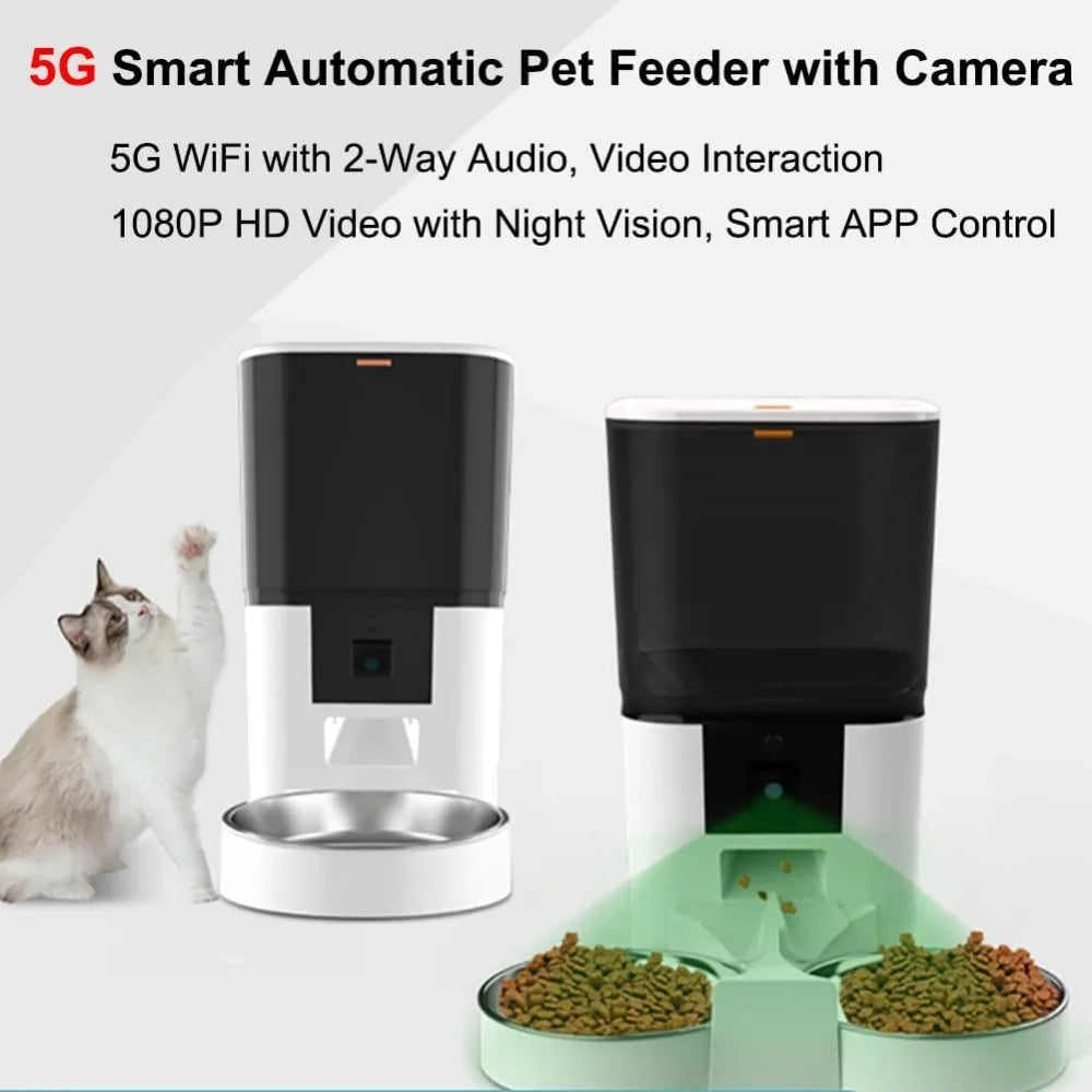 Smart Automatic Cat Feeder with 1080P HD Camera & Night Vision - Pet Feeder, 2-Way Audio, 5G WiFi, App Control, Dual Food Trays