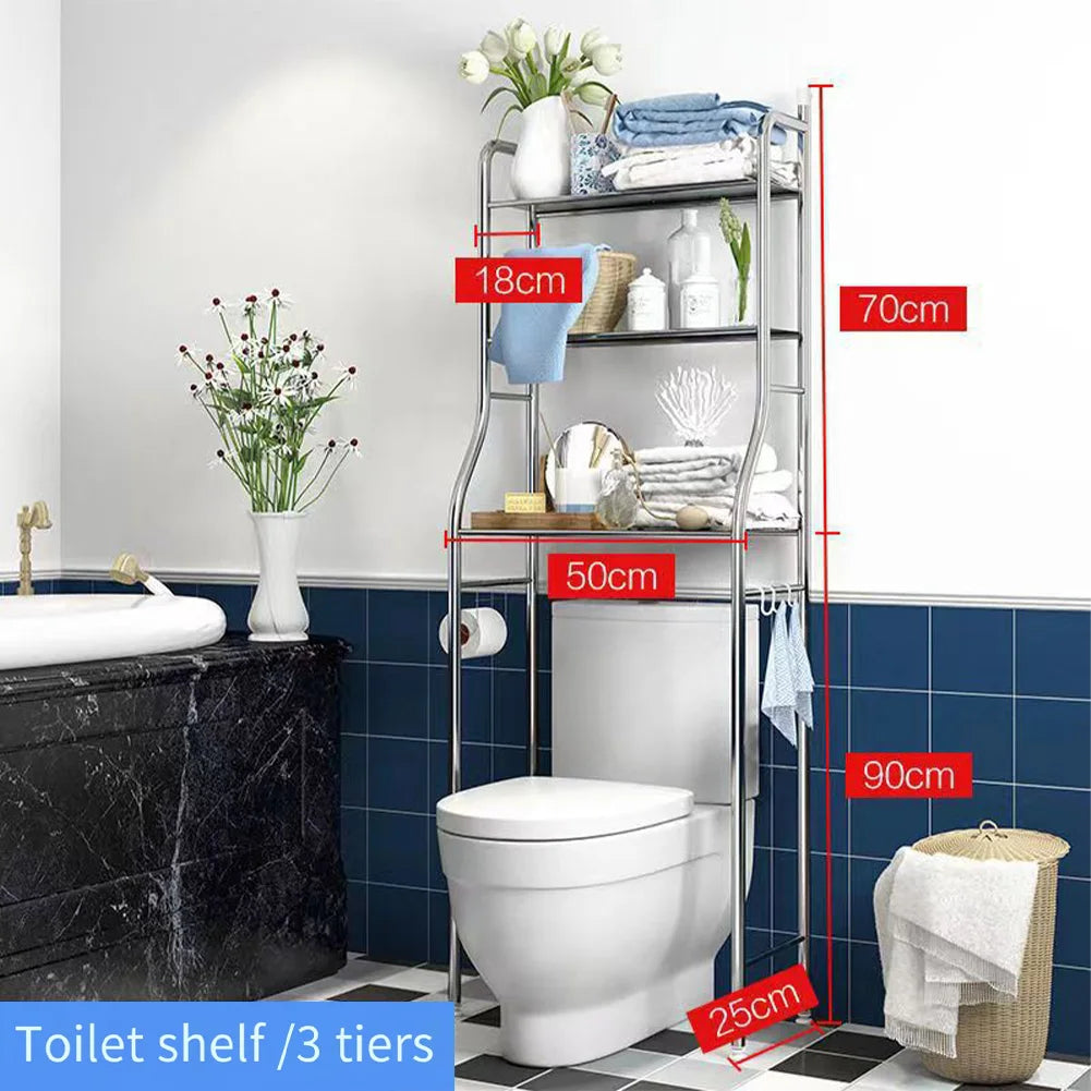 Over The Toilet Storage Metal Organizer Rack With Towel Hooks And Paper Holder Three Tier Bathroom Shelf
