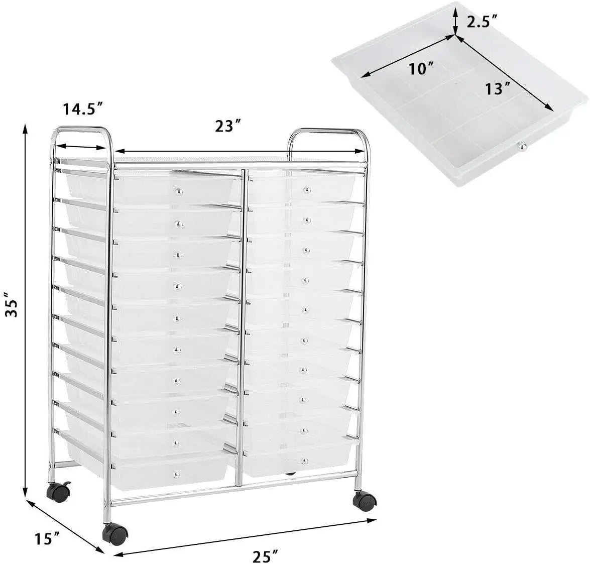 20-Drawer Utility Cart on Wheels, Semi-Transparent Mobile Organizer for Office, School, Tools & Crafts