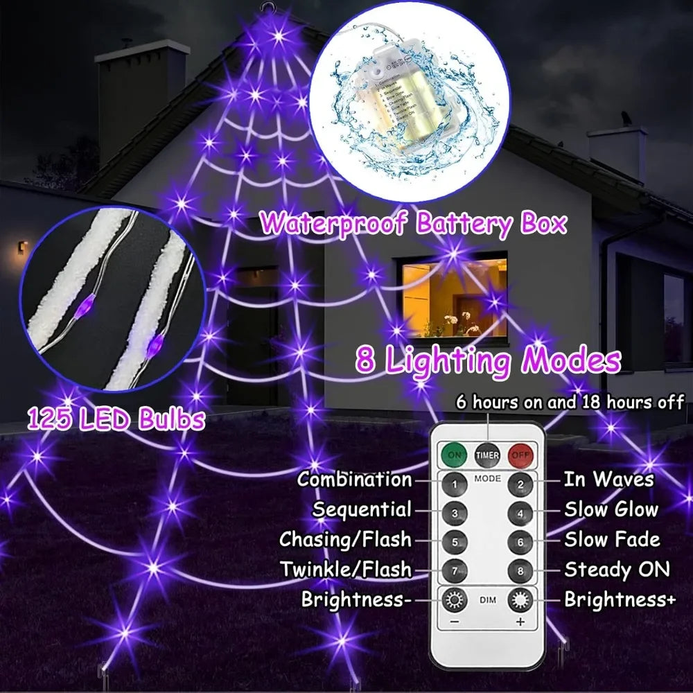 Spider Web Halloween Decorations Outdoor Lights with 125 Purple LED Lights and 8 Modes for Yard Decor