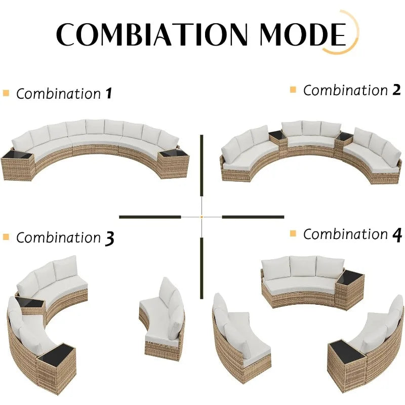 PaPaJet Patio Furniture Set, Half-Moon Wicker Sectional Sofa with Cushions, Waterproof Rattan Outdoor Conversation Set
