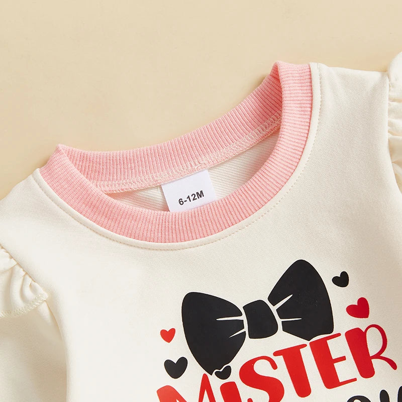 Toddler Girl Valentine s Day Heart Print Ruffle Sleeve Top and Solid Color Flare Pants Set for Baby Girls 2 Piece Outfit