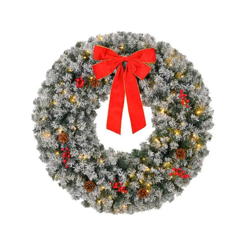 24" Pre-lit Battery Op Wreath w/Remote, Snow Flocked Xmas Wreath w/50 Warm Lights, 180 PVC Tips & Ornaments, Perfect for Front