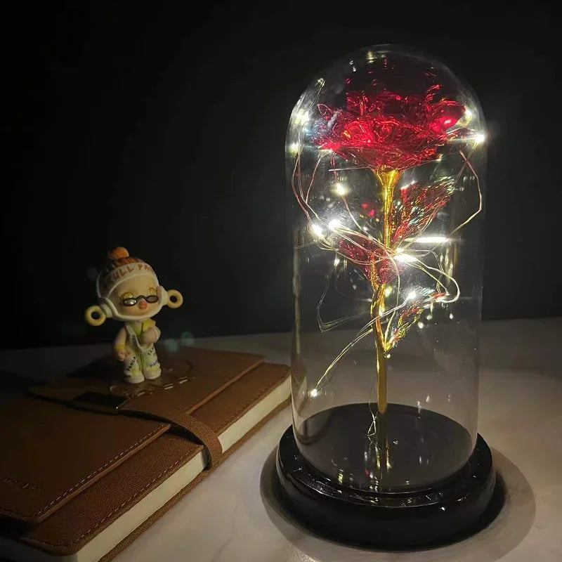 Valentine's Day Artificial Flower 24k Gold Foil Eternal Rose In Glass With Lights Decor For Home Birthday Gift Mother's Day Gift