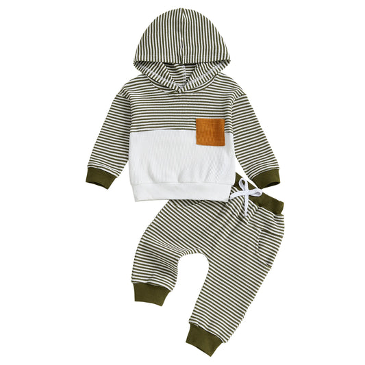 Autumn Toddler Boy  Outfits Stripe Long Sleeve Hoodies + Elastic Waist Long Pants 2 Pcs Set
