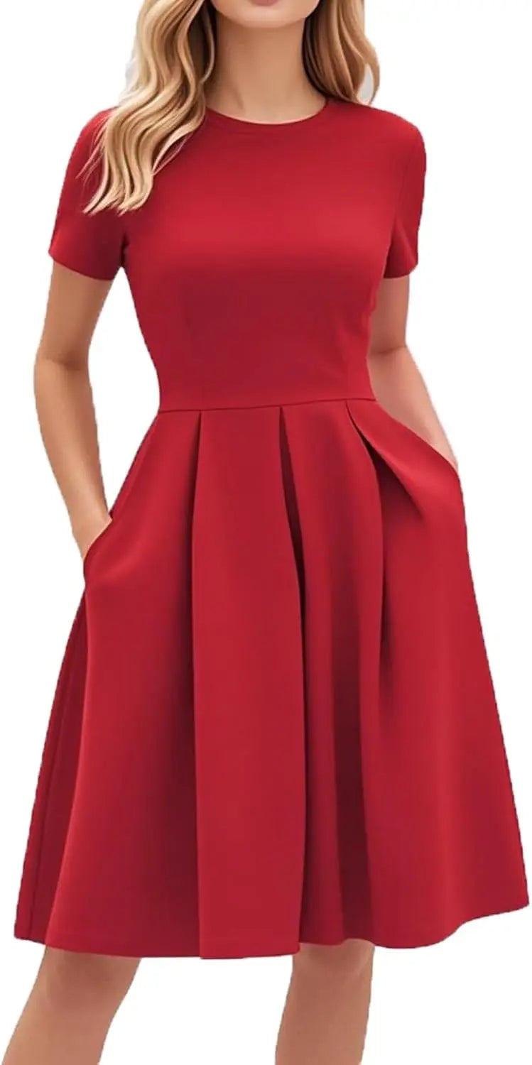 Red A-Line Short Sleeve Dress with Pockets for Women, Summer Party Church Bridesmaid Graduation Occasion