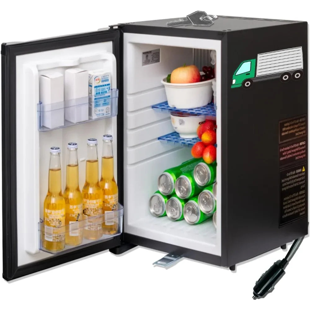 Compact Mini Refrigerator with Lock 1.2 cuft 12V 110V Reversible Door for RV Camper and Small Spaces 36 qt Black