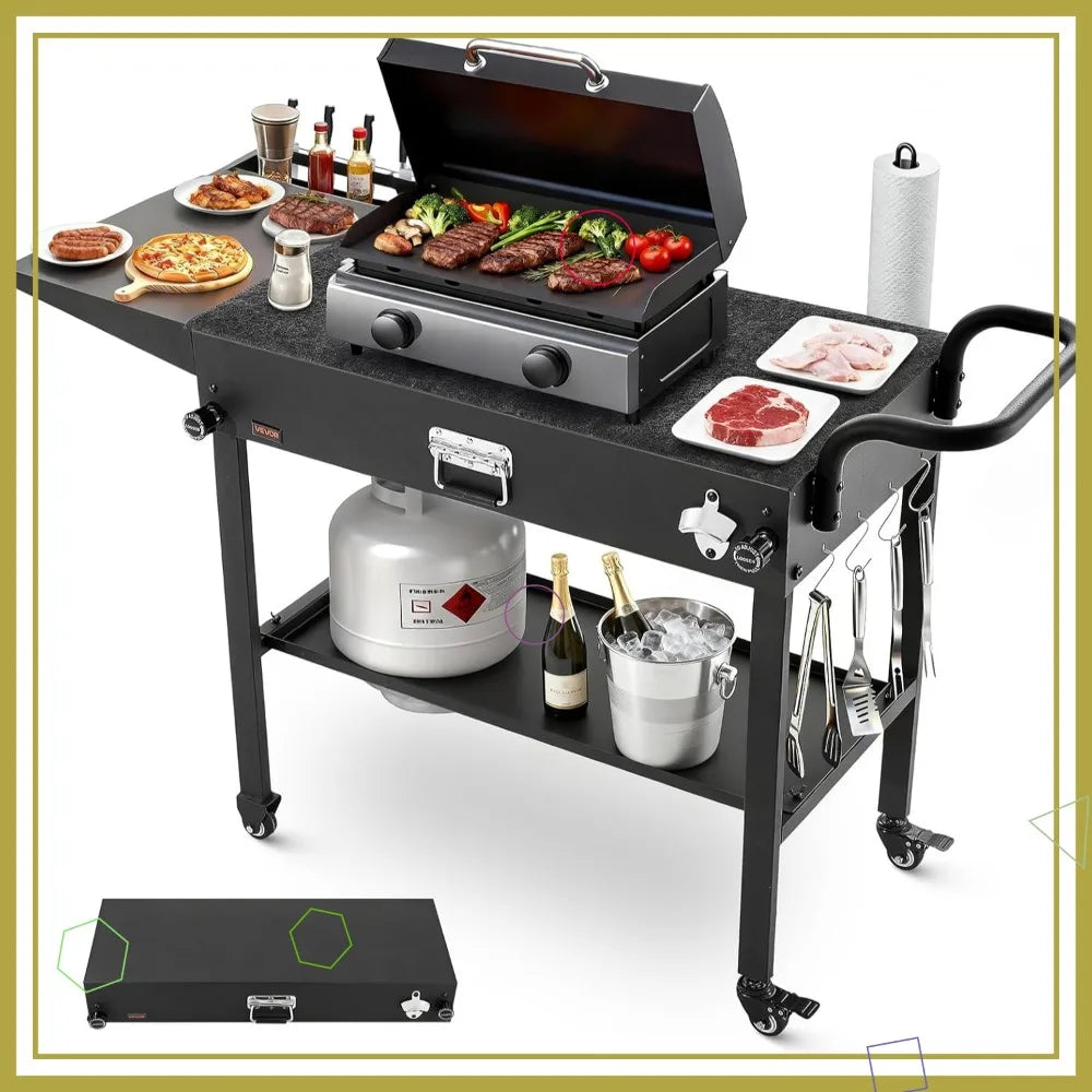 Outdoor Grill Cart, 31x17in Foldable BBQ Table with Wheels, Side Table, Tissue Holder, Hooks, for Picnic Kitchen
