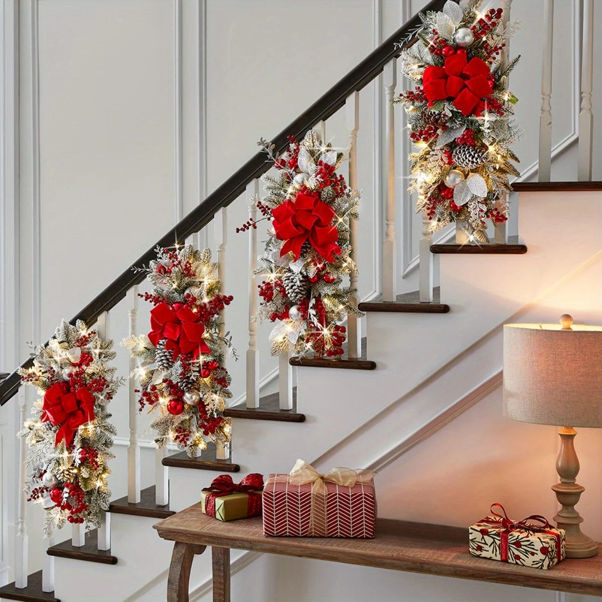6Pcs Pre-Lit Stairway Christmas Swags Christmas Staircase Decorations Artificial Stairs Christmas Garland with Lights