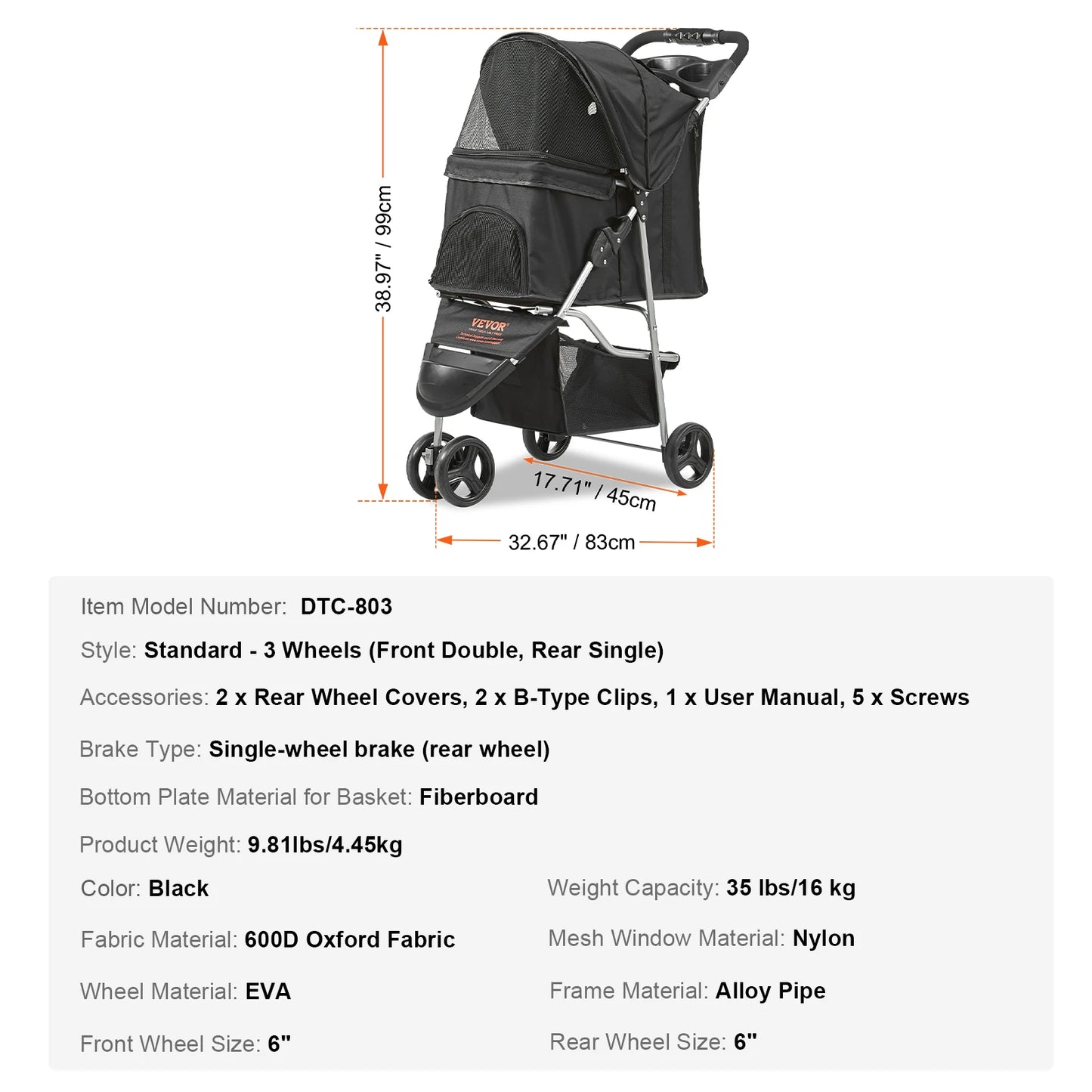 VEVOR Lightweight Pet Stroller Carrier for Dogs and Cats with Cup Holder and Brakes Travel Accessory
