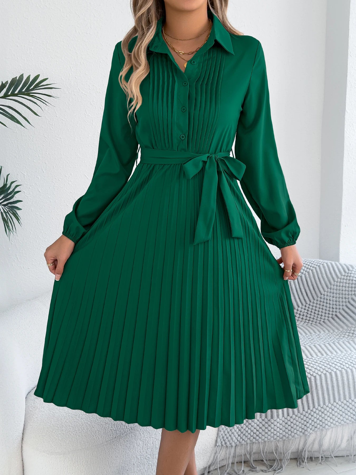 Elegant Maxi Dress for Autumn Winter Lapel Tie Waist Solid Color Long Sleeve Dresses Green Khaki Red Woman Clothing 2025