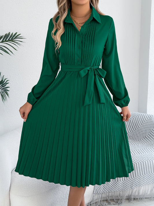 Elegant Maxi Dress for Autumn Winter Lapel Tie Waist Solid Color Long Sleeve Dresses Green Khaki Red Woman Clothing 2025