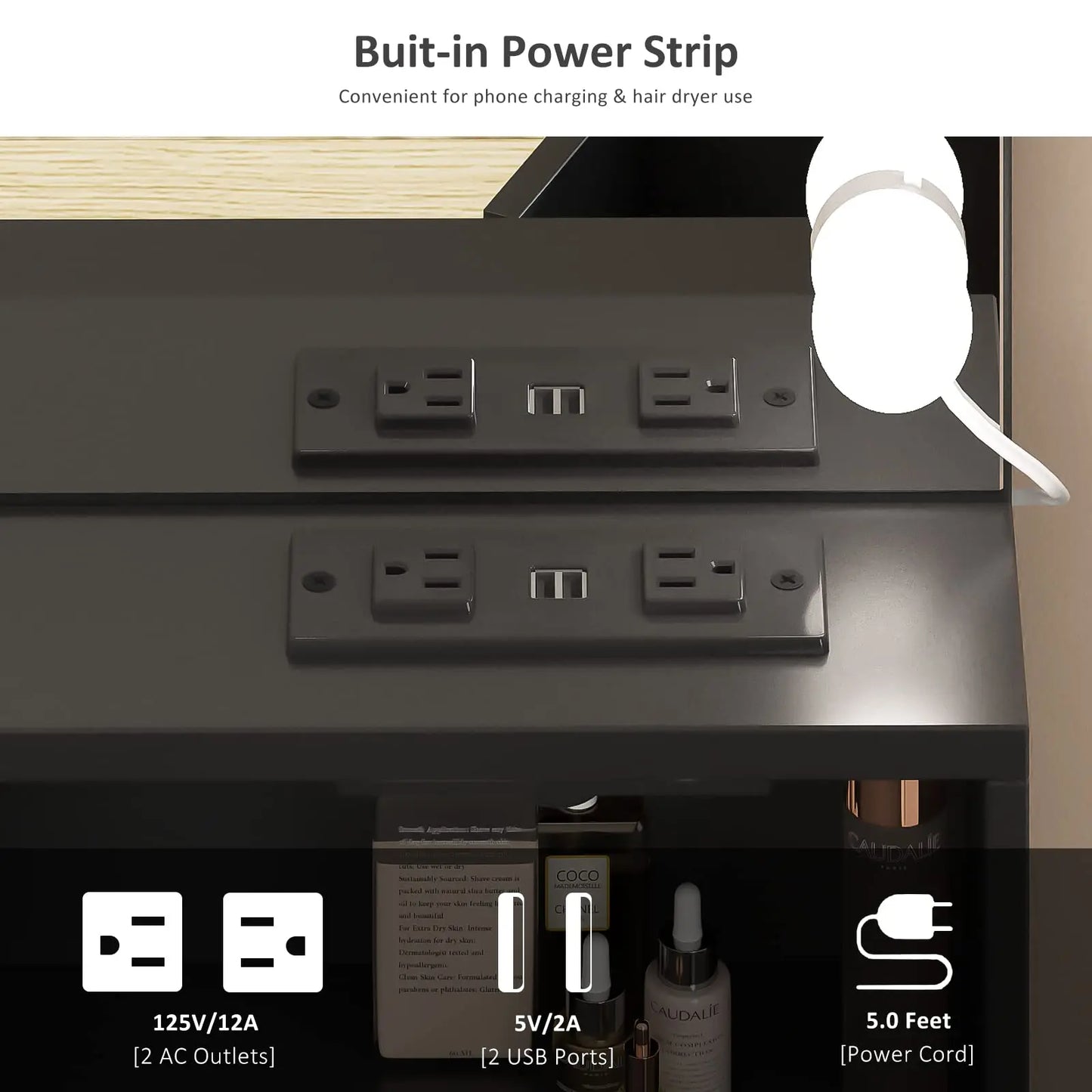 Vabches Vanity Desk with Lights Mirror Makeup Vanity Table and Power Outlet 2 Drawer Set with Chair Wooden Dressing Table