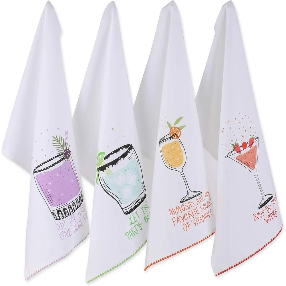 Absorbent Fast-Drying Kitchen Towels Set 4 Piece Decorative Cotton Dishtowels Fun Design Parties Home Decor 18x28 Inches