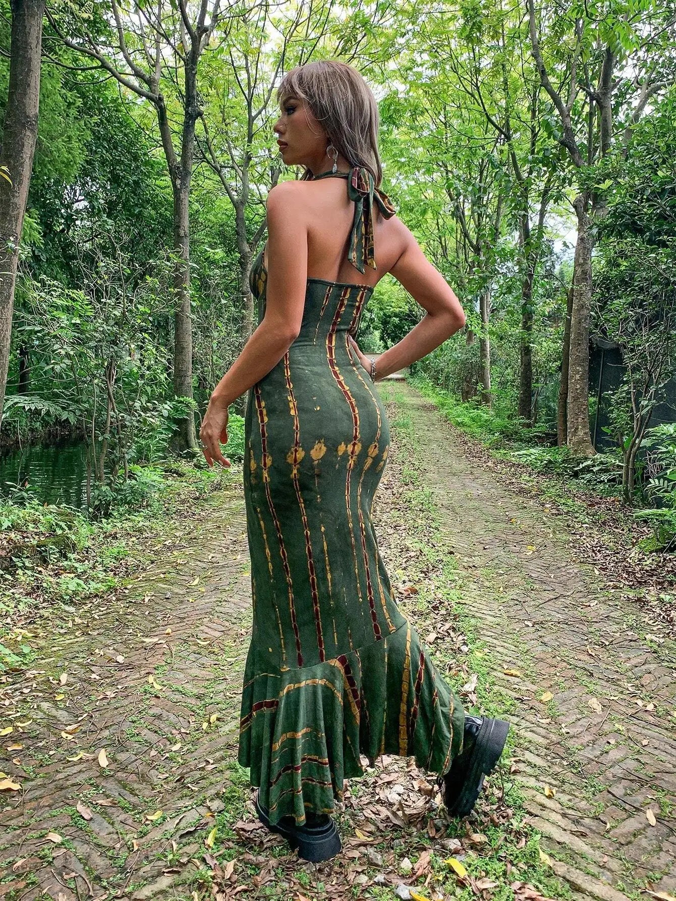 BWQ Women's Spring/Summer Y2K Tie Dyeing Neck Strap Backless Asymmetric Hem Bodycon Slimming Long Dress