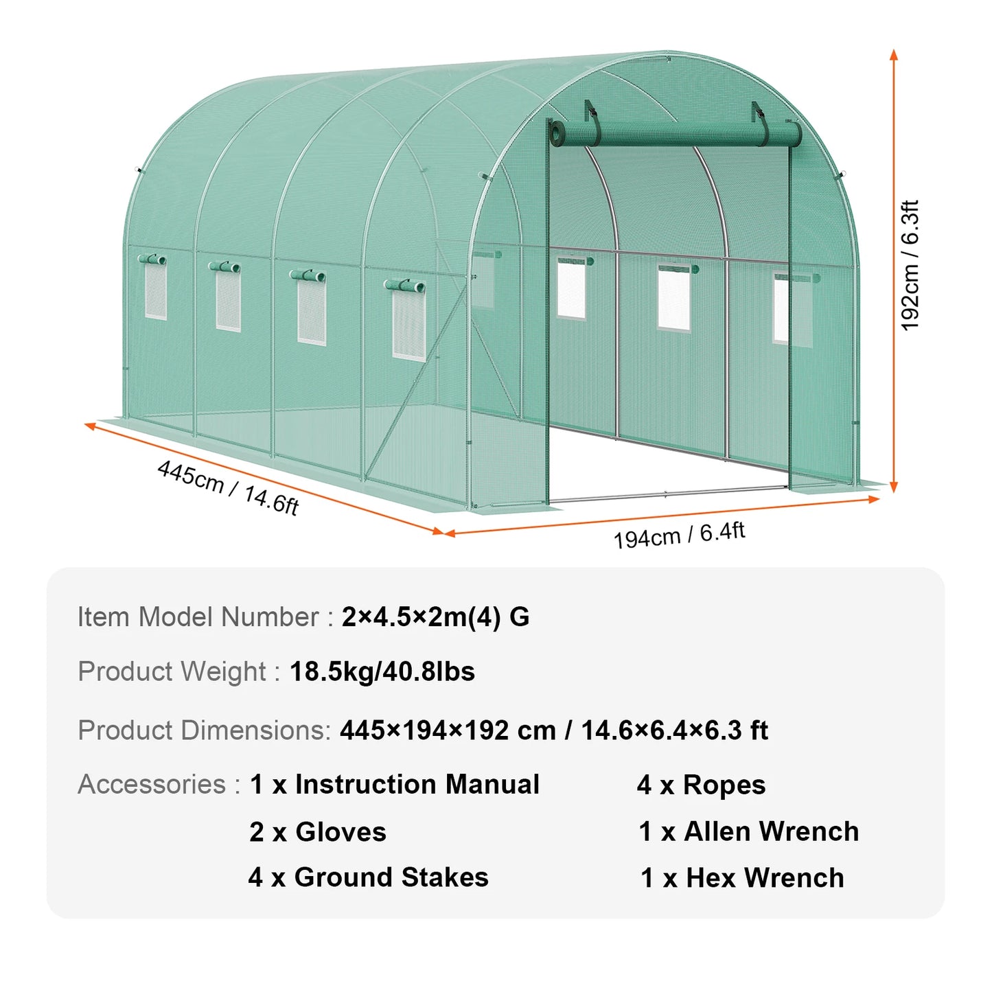 SucceBuy Walk In Tunnel Greenhouse Hoop House Steel Frame PE Cover Roll Up Zipper Door 345x195x192 cm