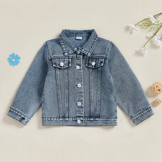 Toddler Little Girl Denim Jacket Back Letter Print Collared Long Sleeve Button-up Jean Fall Tops