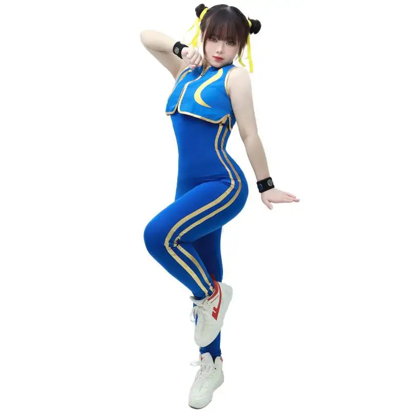 Dazcos Chun Li Cosplay Costume Women's US Size Blue Cheongsam Halloween Fighter Bodysuit with Bracelet and Hair Ties