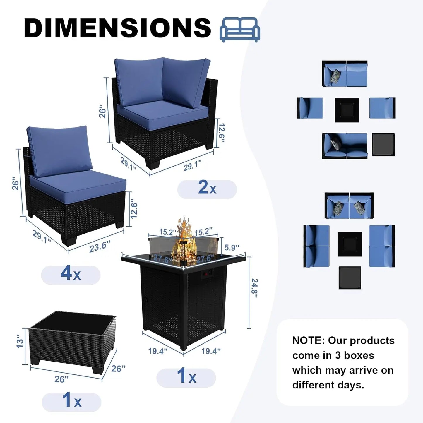 Patio Furniture Set With Fire Pit Table, 8 Piece Wicker Outdoor Sectional Set With Thick Cushions, Patio Sofa For, Customized